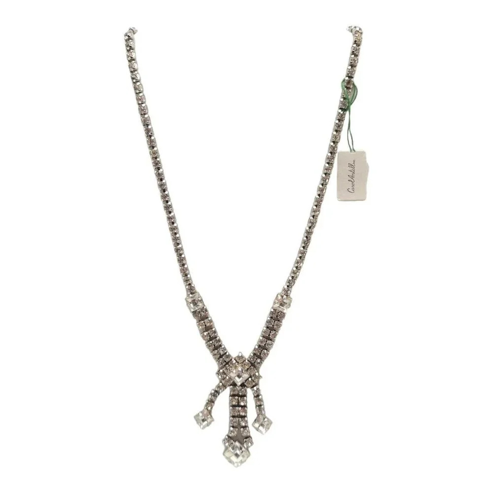 Carol Antell Faceted Crystal Rhinestone Pendant Choker Necklace Silver Tone VTG